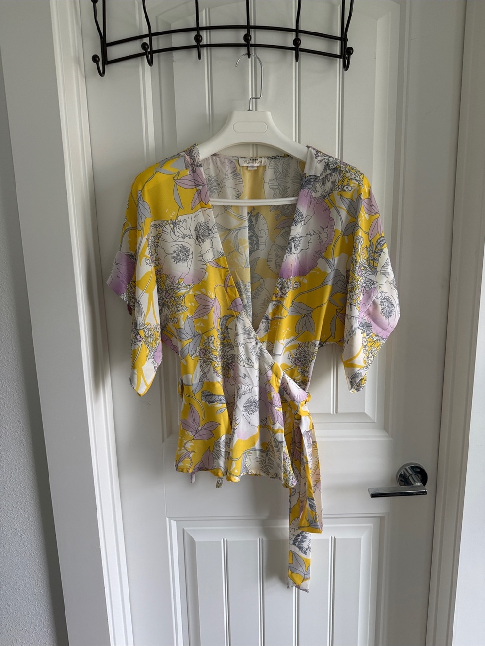 Yumi Kim Yellow Floral Wrap Blouse with Lilac Accents